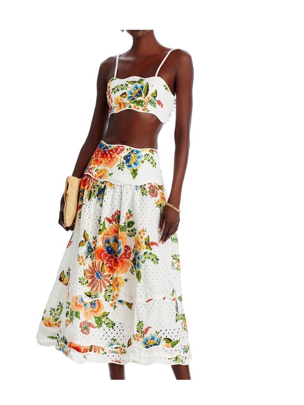FARM Rio White Eyelet Maxi Skirt with Multicolor Floral Print